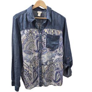 Chico's Indigo Paisley Shirt Womens 2‎ Large Button up Western Bohemian Casual
